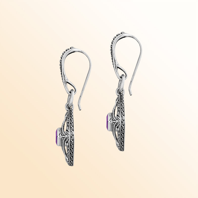 Sterling Silver Amethyst Quartz Royal Lattice Drop Earrings With Balinese Artistic Filigree