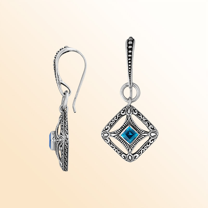 Sterling Silver Blue Topaz Quartz Ocean Lattice Drop Earrings With Balinese Artistic Filigree