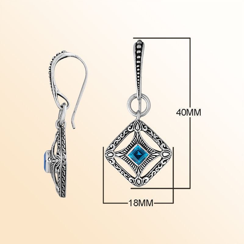 Sterling Silver Blue Topaz Quartz Ocean Lattice Drop Earrings With Balinese Artistic Filigree