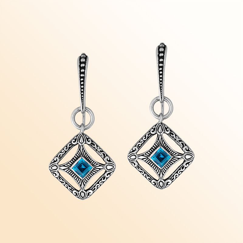 Sterling Silver Blue Topaz Quartz Ocean Lattice Drop Earrings With Balinese Artistic Filigree