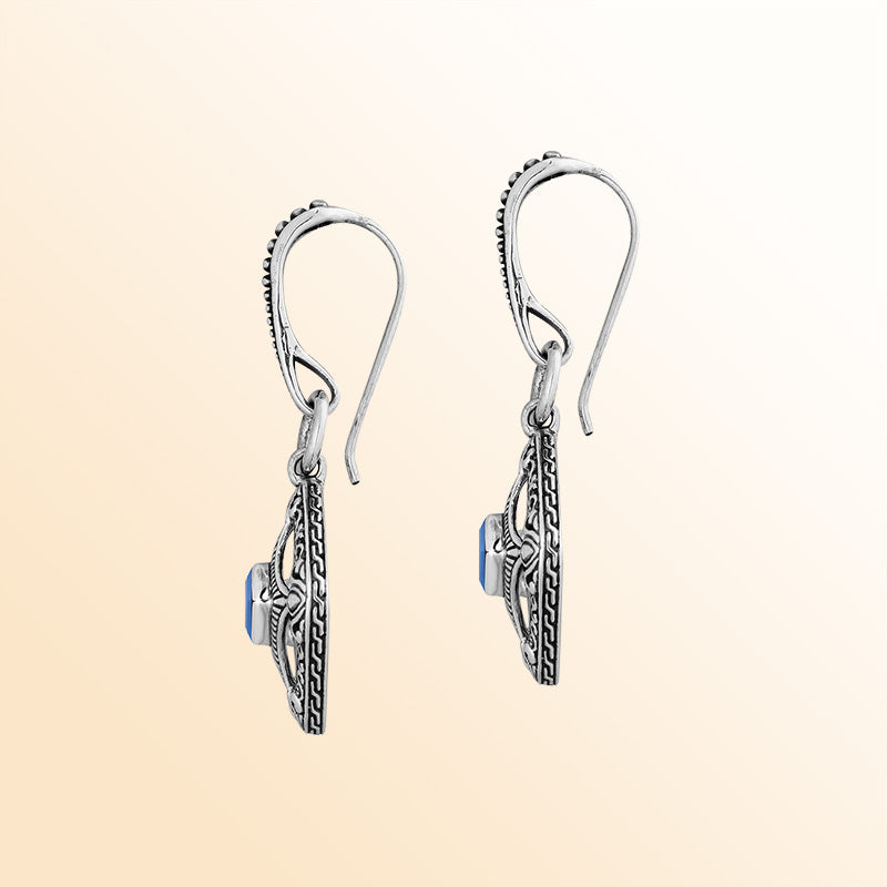 Sterling Silver Blue Topaz Quartz Ocean Lattice Drop Earrings With Balinese Artistic Filigree