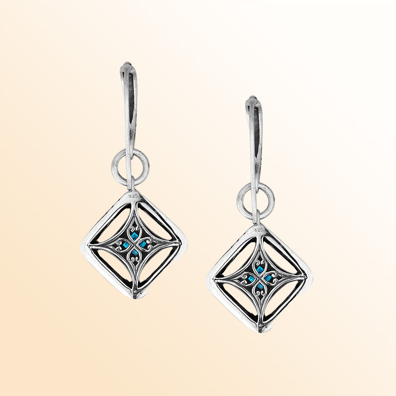 Sterling Silver Blue Topaz Quartz Ocean Lattice Drop Earrings With Balinese Artistic Filigree