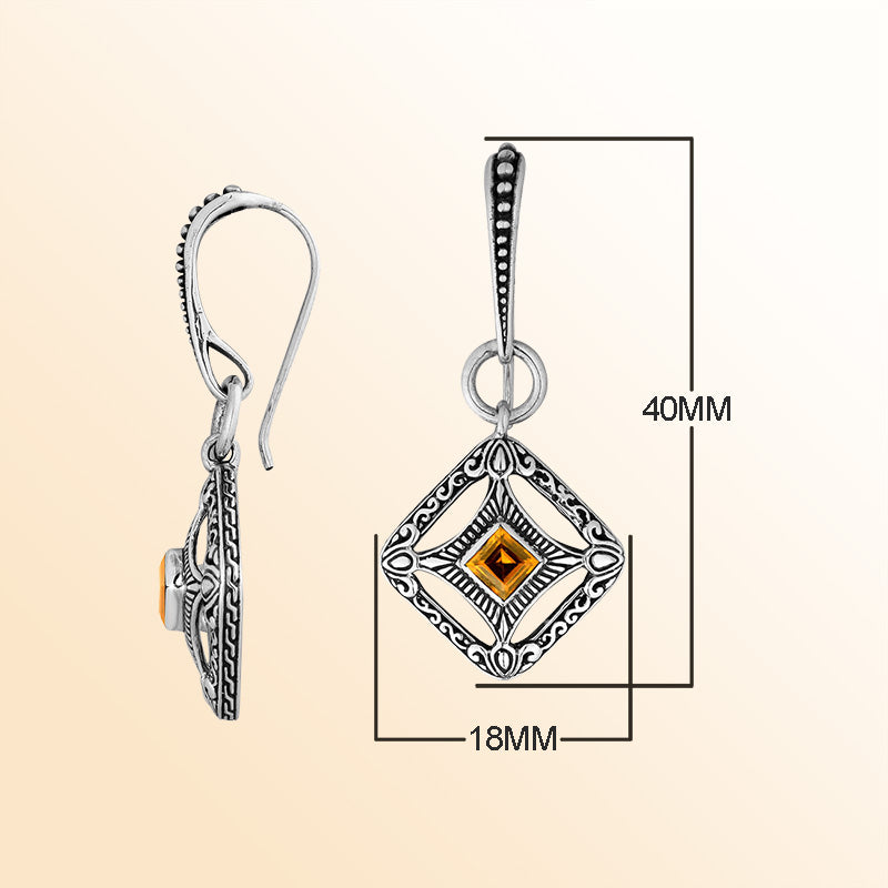 Sterling Silver Citrine Quartz Sunlight Lattice Drop Earrings With Balinese Artistic Filigree