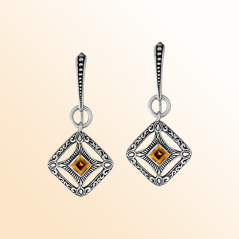 Sterling Silver Citrine Quartz Sunlight Lattice Drop Earrings With Balinese Artistic Filigree