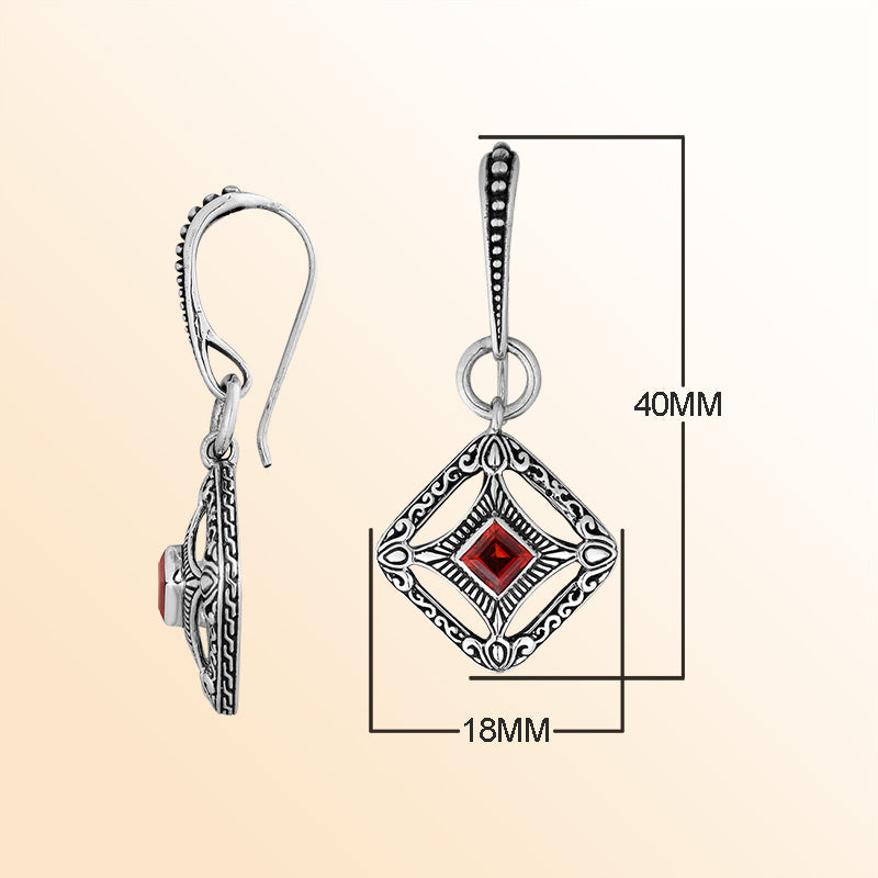 Sterling Silver Garnet Quartz Crimson Lattice Drop Earrings With Balinese Artistic Filigree