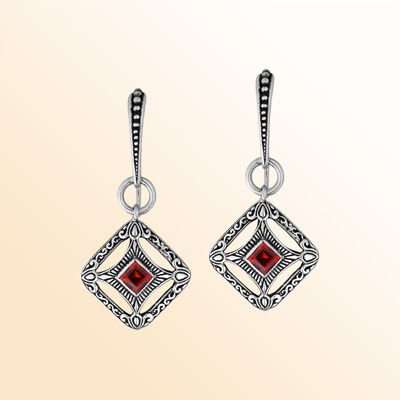 Sterling Silver Garnet Quartz Crimson Lattice Drop Earrings With Balinese Artistic Filigree
