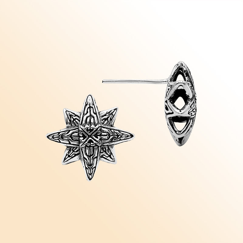 Sterling Silver Celestial Bloom Star Stud Earrings With Balinese Artistic Detailing