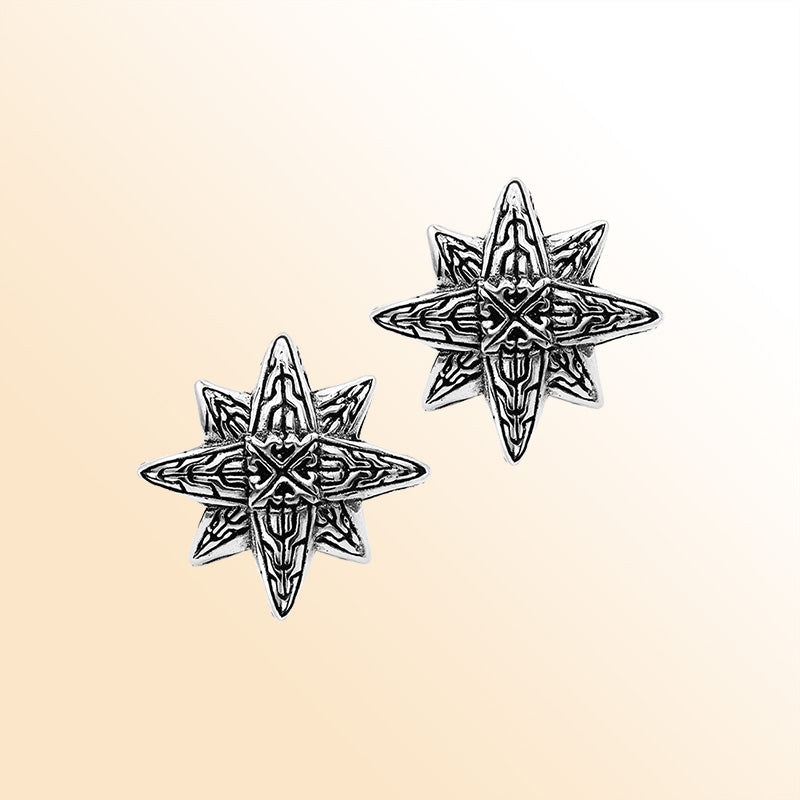 Sterling Silver Celestial Bloom Star Stud Earrings With Balinese Artistic Detailing