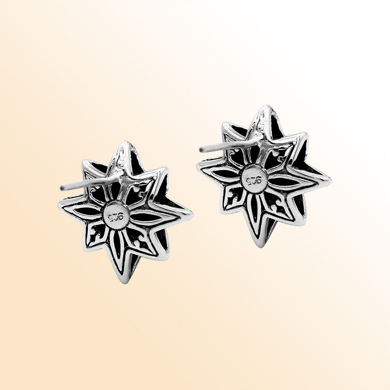 Sterling Silver Celestial Bloom Star Stud Earrings With Balinese Artistic Detailing