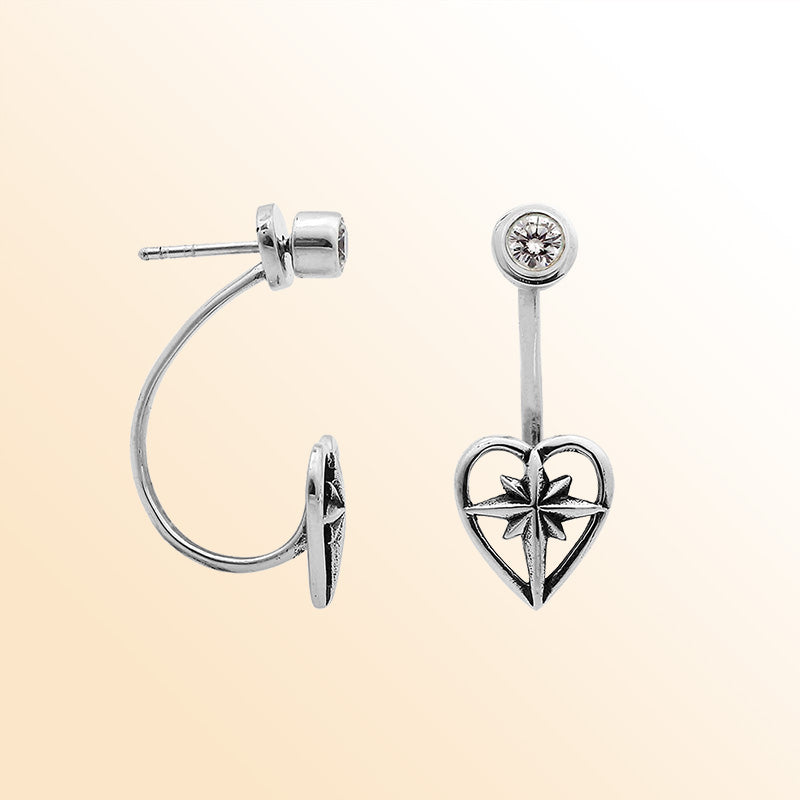 Sterling Silver Heart Starshine Adjustable Jacket Earrings With Balinese Artistic Accents