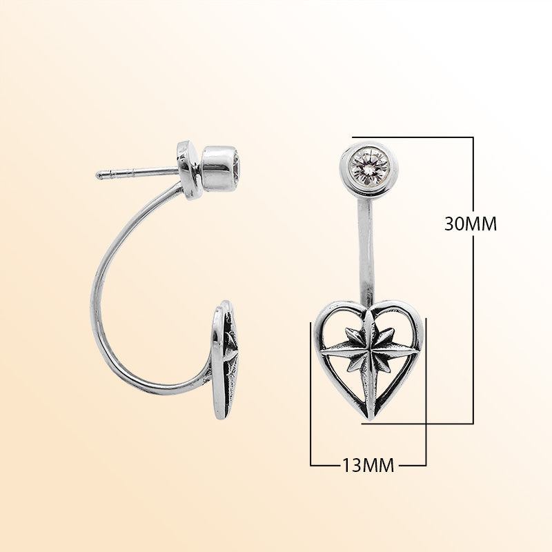 Sterling Silver Heart Starshine Adjustable Jacket Earrings With Balinese Artistic Accents