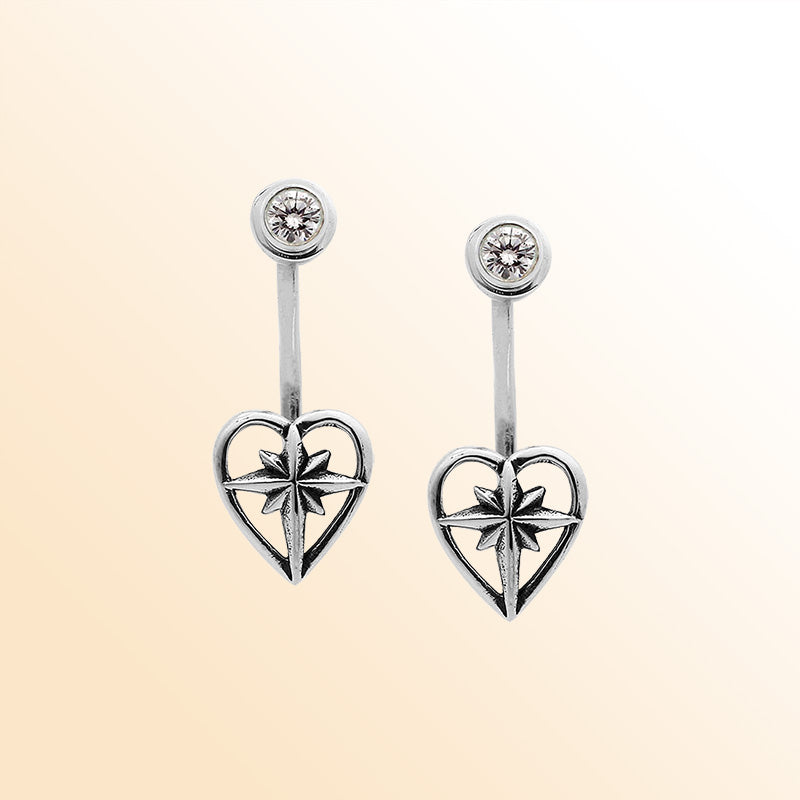 Sterling Silver Heart Starshine Adjustable Jacket Earrings With Balinese Artistic Accents