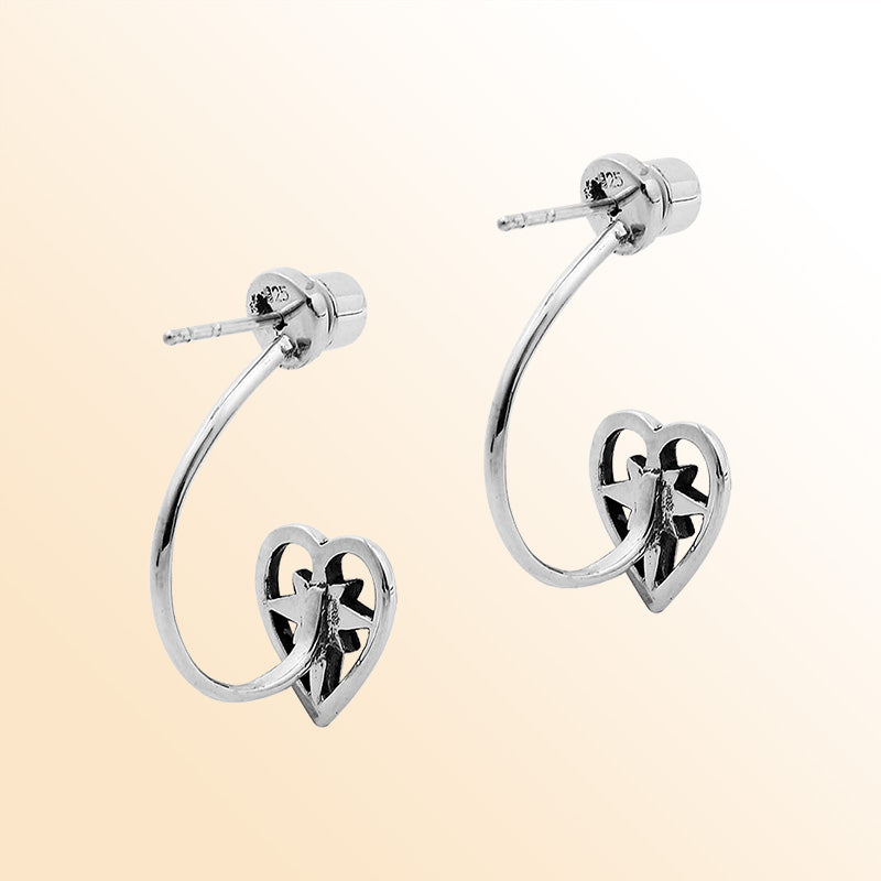 Sterling Silver Heart Starshine Adjustable Jacket Earrings With Balinese Artistic Accents