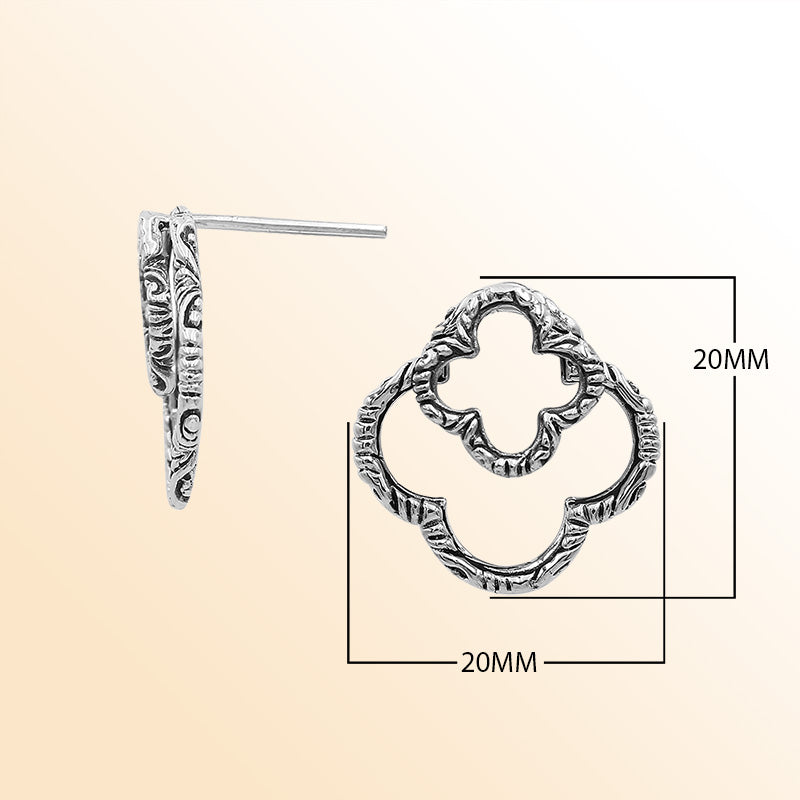 Sterling Silver Artistic Clover Aura Stud Earrings With Balinese Carved Detailing