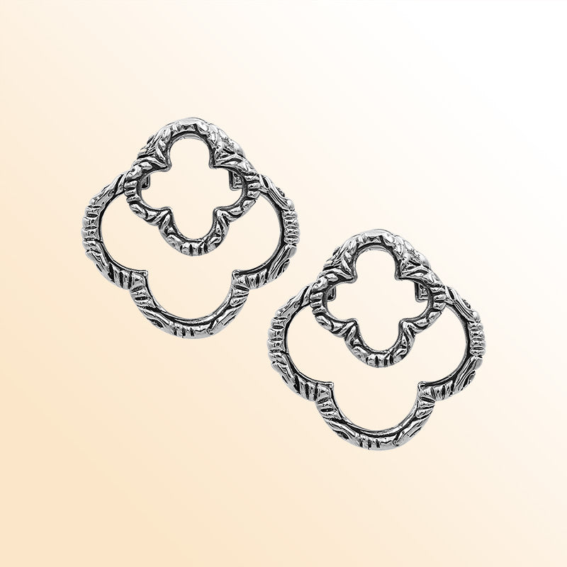 Sterling Silver Artistic Clover Aura Stud Earrings With Balinese Carved Detailing