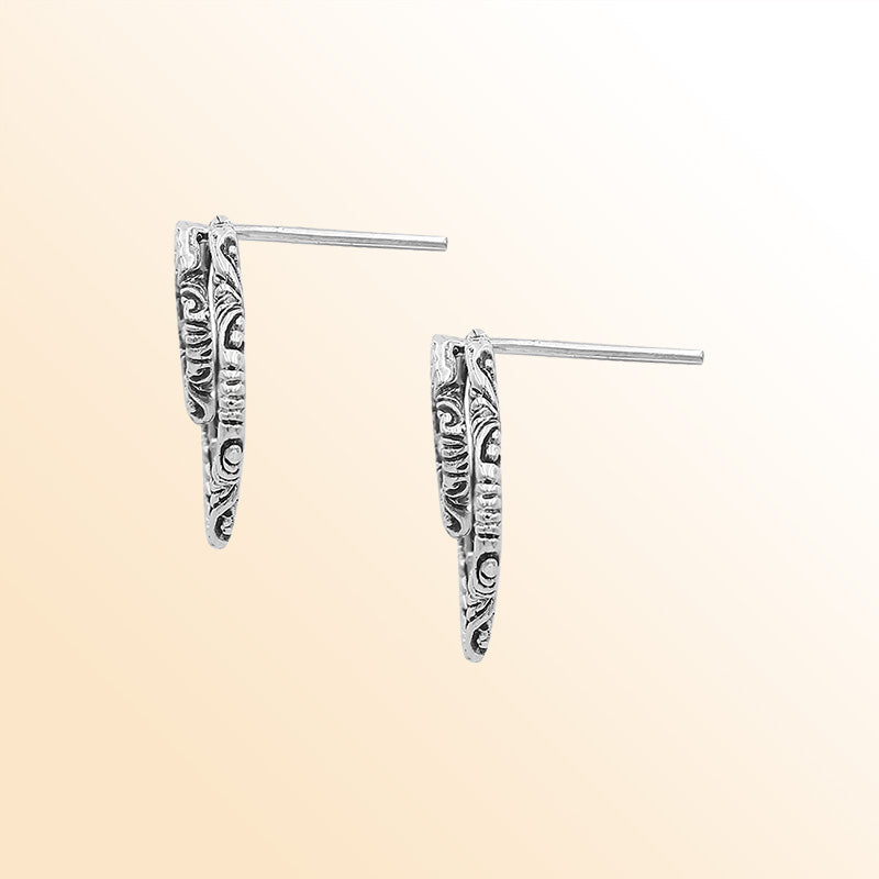 Sterling Silver Artistic Clover Aura Stud Earrings With Balinese Carved Detailing