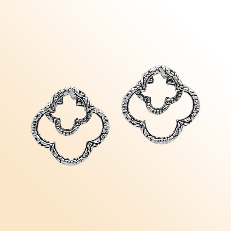 Sterling Silver Artistic Clover Aura Stud Earrings With Balinese Carved Detailing