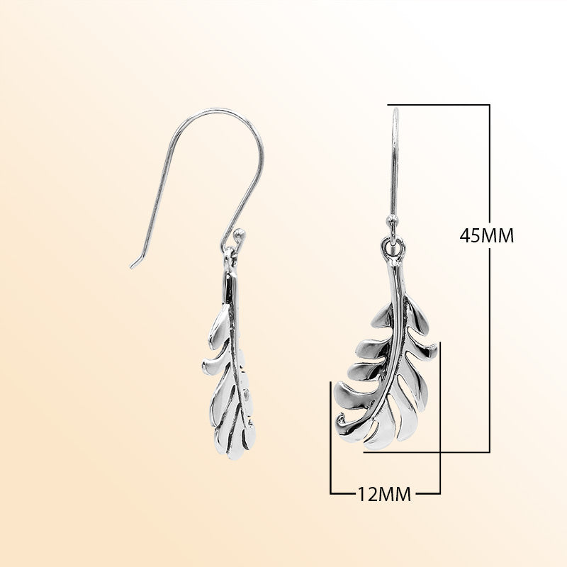 Sterling Silver Gentle Feather Flow Drop Earrings With Balinese Artistic Silhouette