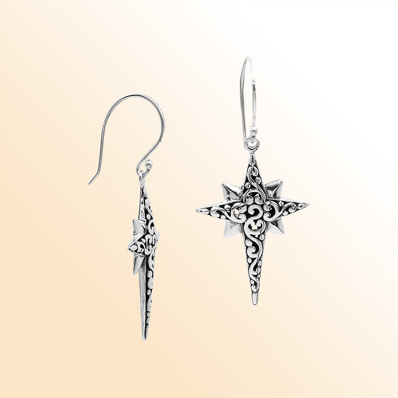 Sterling Silver Delightful Charming Compass Shape Artisan Long Drop Earrings With Oxidized Finish And Balinese Craftsmanship