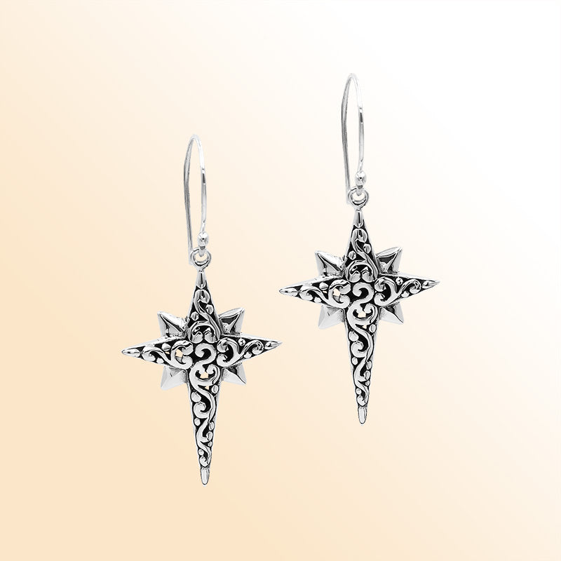 Sterling Silver Delightful Charming Compass Shape Artisan Long Drop Earrings With Oxidized Finish And Balinese Craftsmanship