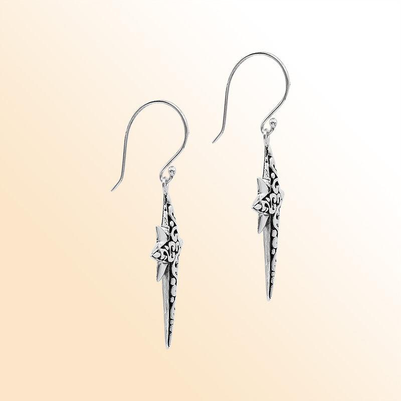 Sterling Silver Delightful Charming Compass Shape Artisan Long Drop Earrings With Oxidized Finish And Balinese Craftsmanship