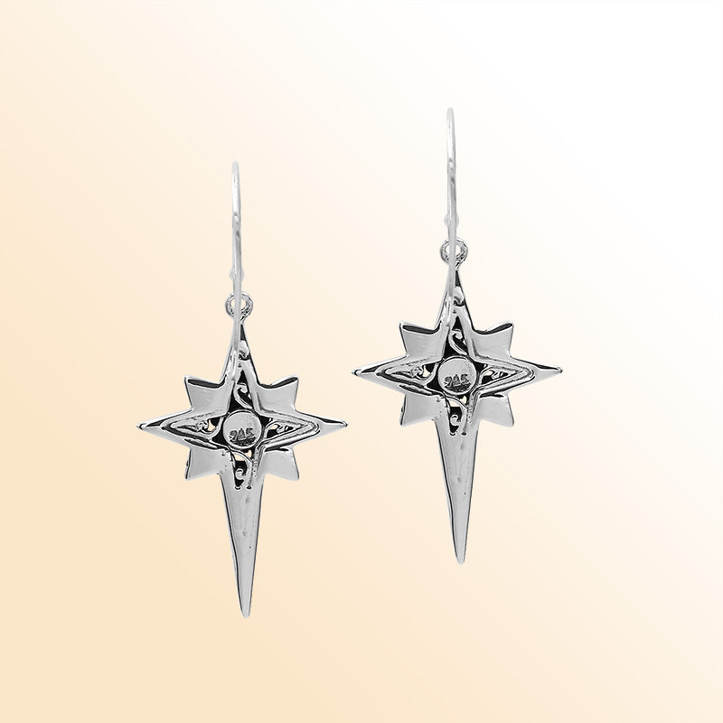 Sterling Silver Delightful Charming Compass Shape Artisan Long Drop Earrings With Oxidized Finish And Balinese Craftsmanship