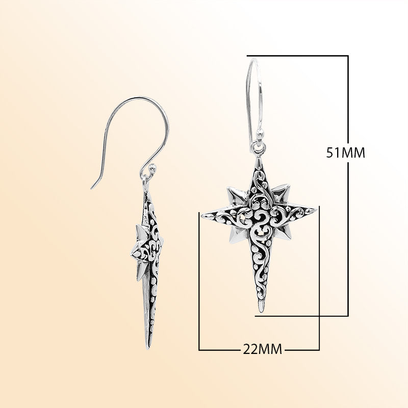 Sterling Silver Delightful Charming Compass Shape Artisan Long Drop Earrings With Oxidized Finish And Balinese Craftsmanship