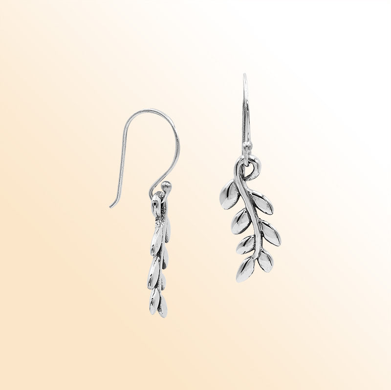 Sterling Silver Delicate Charming Leaf Branch Artisan Drop Earrings With Polished Finish And Balinese Craftsmanship