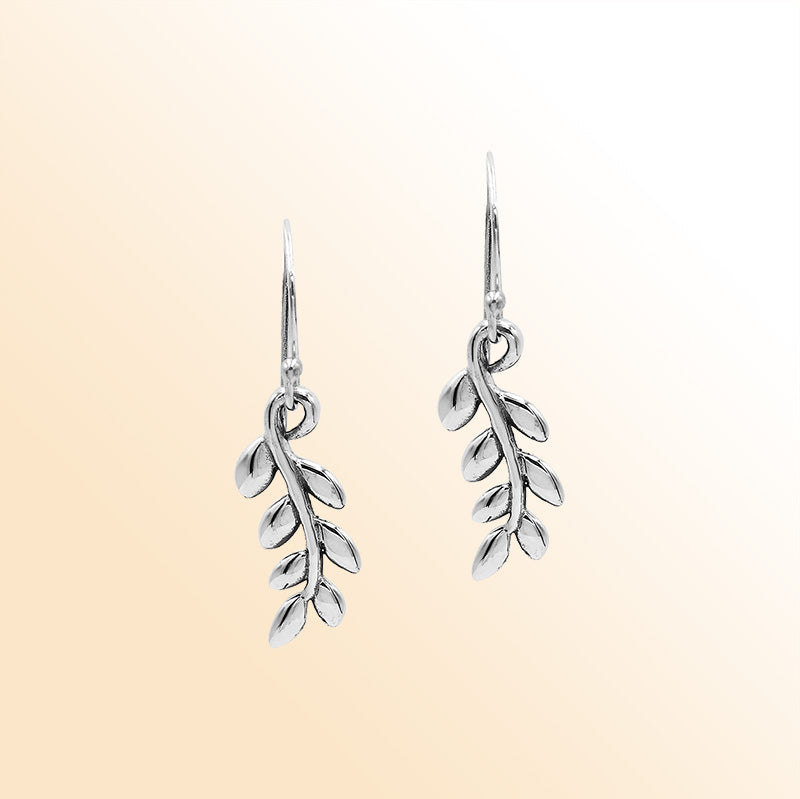Sterling Silver Delicate Charming Leaf Branch Artisan Drop Earrings With Polished Finish And Balinese Craftsmanship