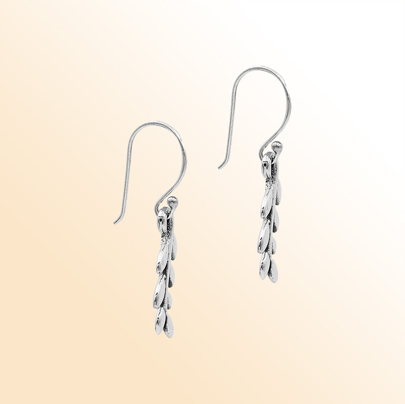 Sterling Silver Delicate Charming Leaf Branch Artisan Drop Earrings With Polished Finish And Balinese Craftsmanship