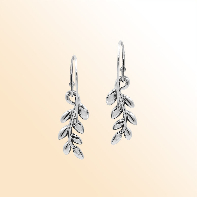Sterling Silver Delicate Charming Leaf Branch Artisan Drop Earrings With Polished Finish And Balinese Craftsmanship