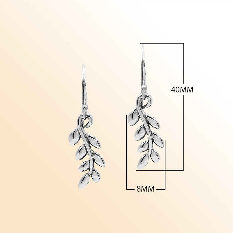 Sterling Silver Delicate Charming Leaf Branch Artisan Drop Earrings With Polished Finish And Balinese Craftsmanship