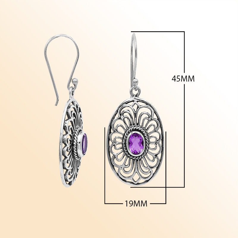 Sterling Silver Ornate Charming Oval Filigree Amethyst Quartz Artisan Earrings With Oxidized Finish And Balinese Craftsmanship