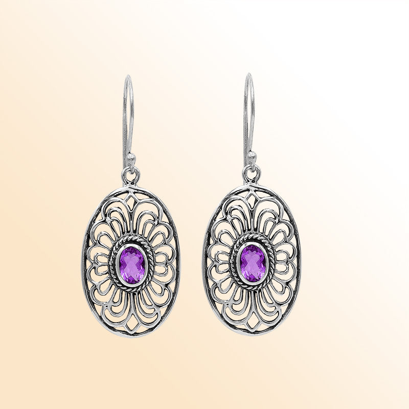 Sterling Silver Ornate Charming Oval Filigree Amethyst Quartz Artisan Earrings With Oxidized Finish And Balinese Craftsmanship