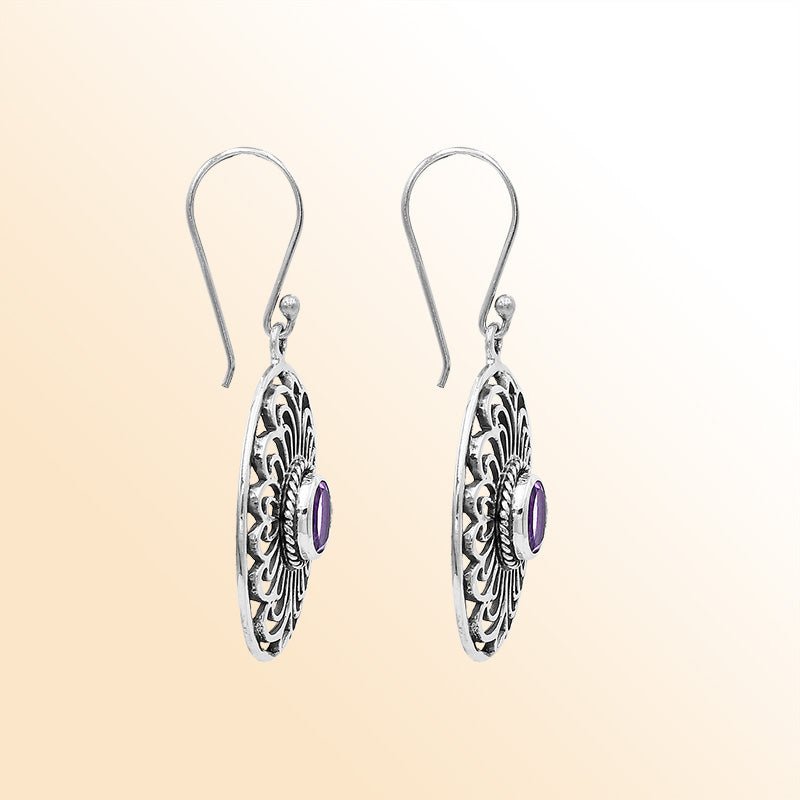 Sterling Silver Ornate Charming Oval Filigree Amethyst Quartz Artisan Earrings With Oxidized Finish And Balinese Craftsmanship
