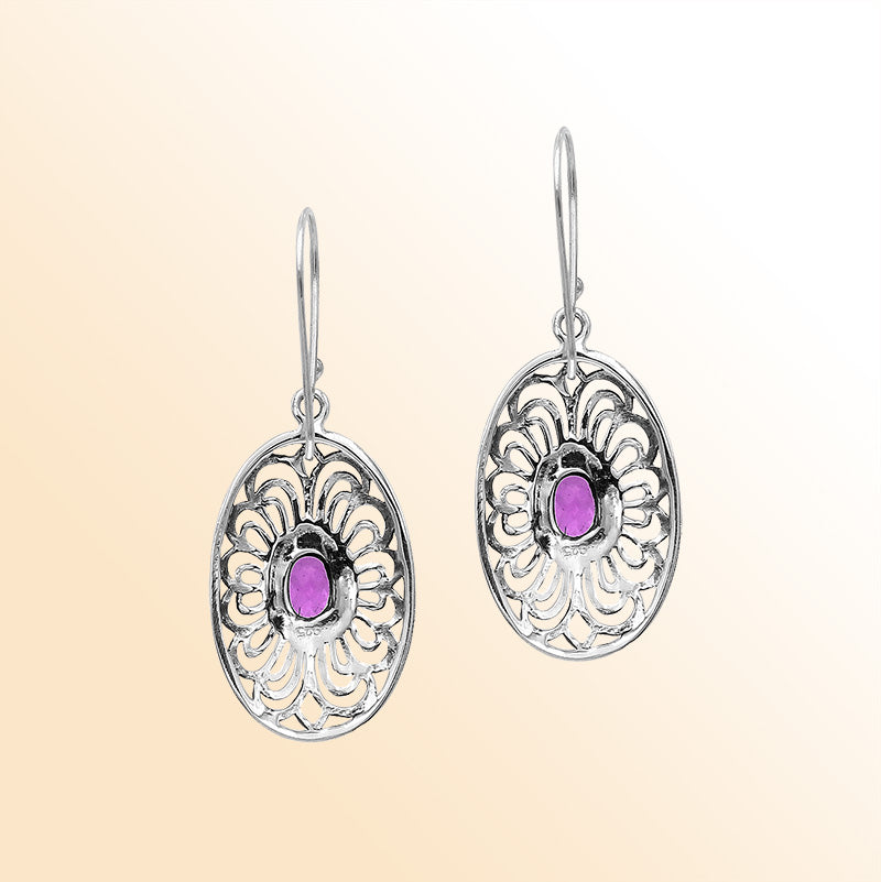 Sterling Silver Ornate Charming Oval Filigree Amethyst Quartz Artisan Earrings With Oxidized Finish And Balinese Craftsmanship