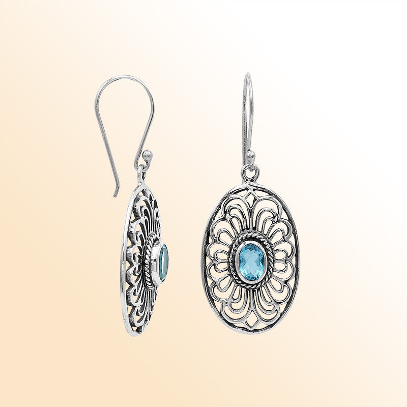 Sterling Silver Ornate Charming Oval Filigree Blue Topaz Quartz Artisan Earrings With Oxidized Finish And Balinese Craftsmanship