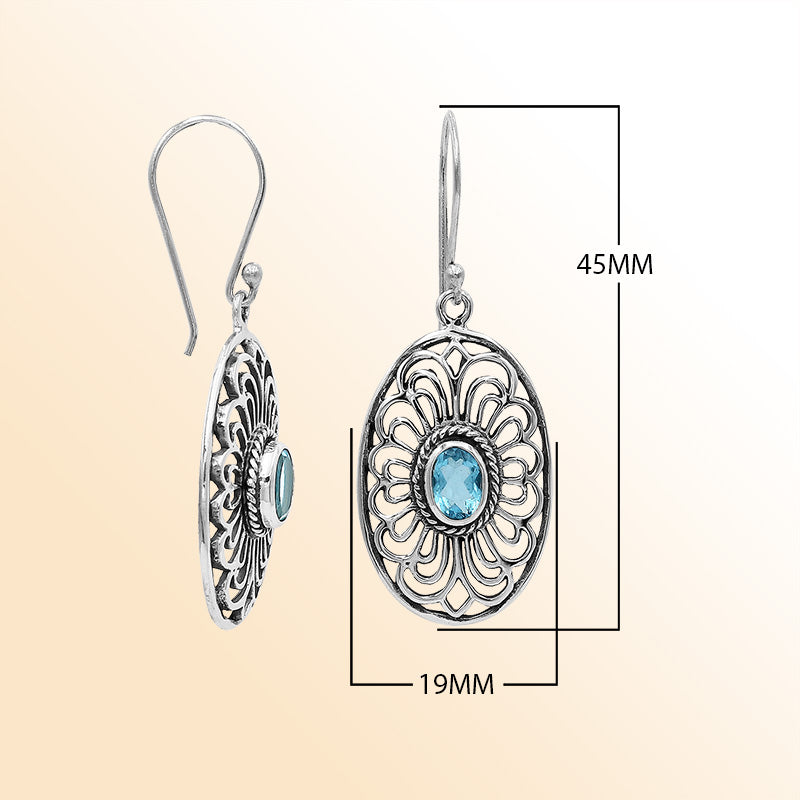 Sterling Silver Ornate Charming Oval Filigree Blue Topaz Quartz Artisan Earrings With Oxidized Finish And Balinese Craftsmanship