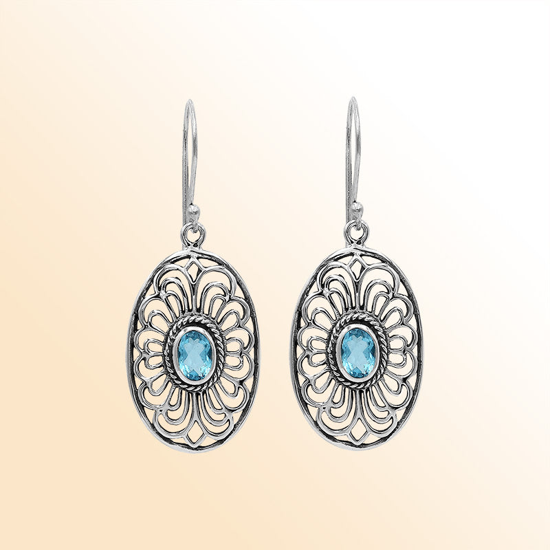 Sterling Silver Ornate Charming Oval Filigree Blue Topaz Quartz Artisan Earrings With Oxidized Finish And Balinese Craftsmanship
