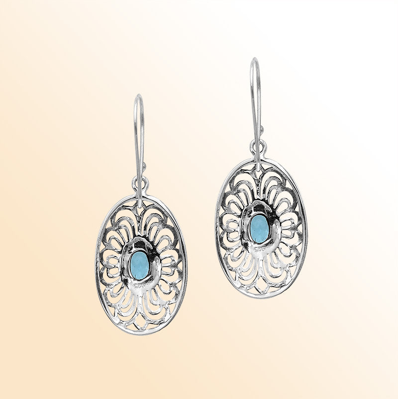 Sterling Silver Ornate Charming Oval Filigree Blue Topaz Quartz Artisan Earrings With Oxidized Finish And Balinese Craftsmanship