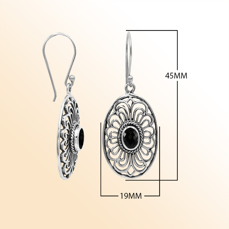 Sterling Silver Ornate Charming Oval Filigree Black Onyx Artisan Earrings With Oxidized Finish And Balinese Craftsmanship