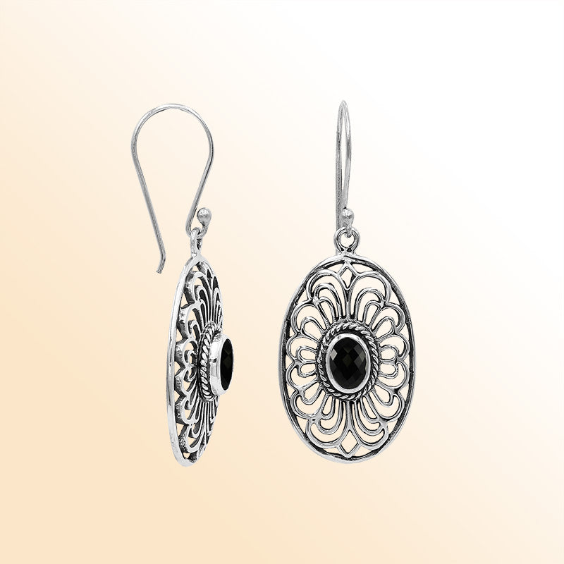 Sterling Silver Ornate Charming Oval Filigree Black Onyx Artisan Earrings With Oxidized Finish And Balinese Craftsmanship