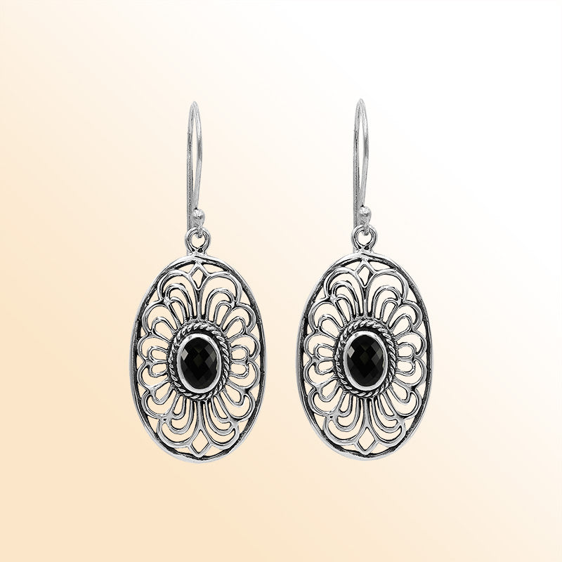 Sterling Silver Ornate Charming Oval Filigree Black Onyx Artisan Earrings With Oxidized Finish And Balinese Craftsmanship