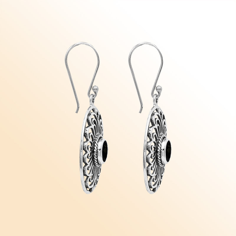 Sterling Silver Ornate Charming Oval Filigree Black Onyx Artisan Earrings With Oxidized Finish And Balinese Craftsmanship