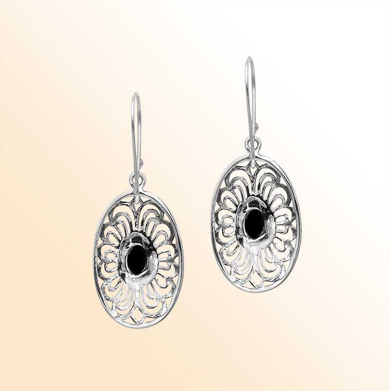 Sterling Silver Ornate Charming Oval Filigree Black Onyx Artisan Earrings With Oxidized Finish And Balinese Craftsmanship