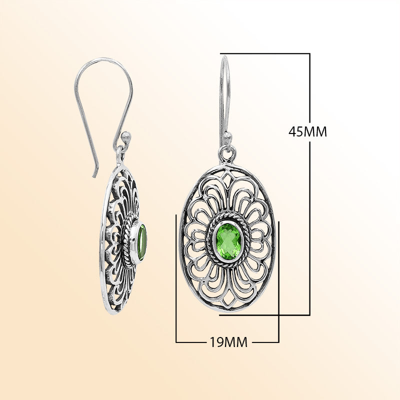 Sterling Silver Ornate Charming Oval Filigree Peridot Quartz Artisan Earrings With Oxidized Finish And Balinese Craftsmanship