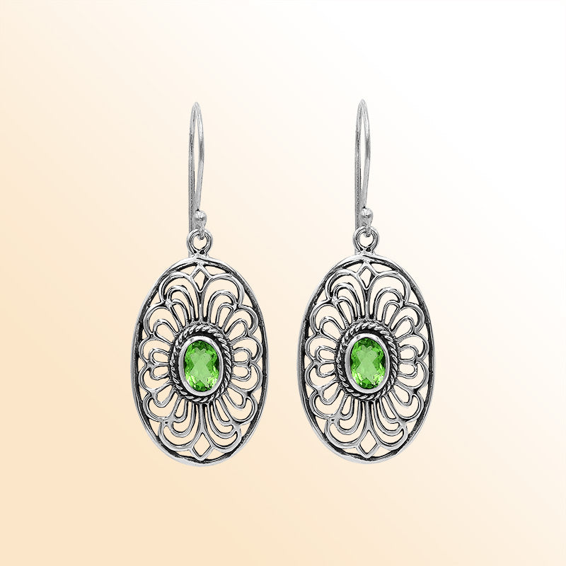 Sterling Silver Ornate Charming Oval Filigree Peridot Quartz Artisan Earrings With Oxidized Finish And Balinese Craftsmanship