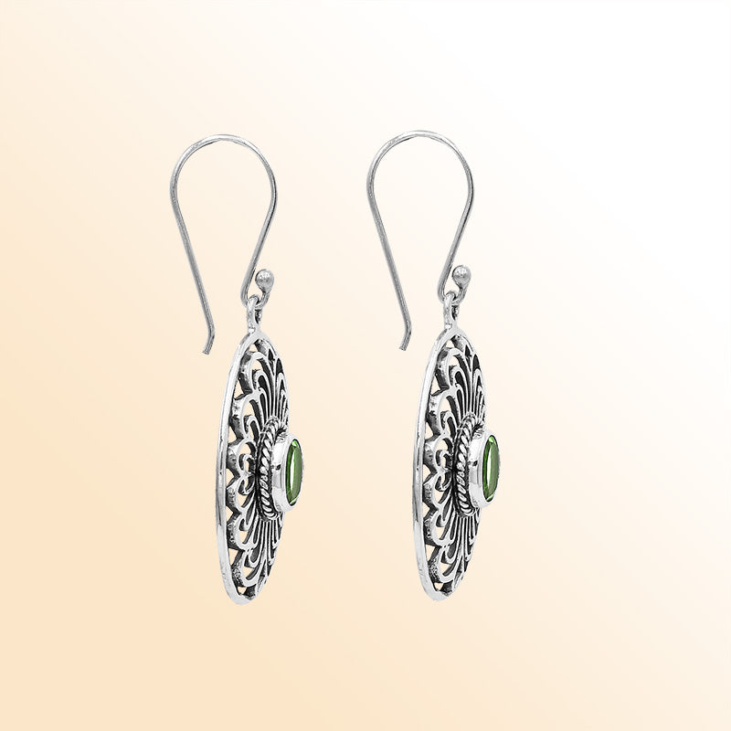 Sterling Silver Ornate Charming Oval Filigree Peridot Quartz Artisan Earrings With Oxidized Finish And Balinese Craftsmanship