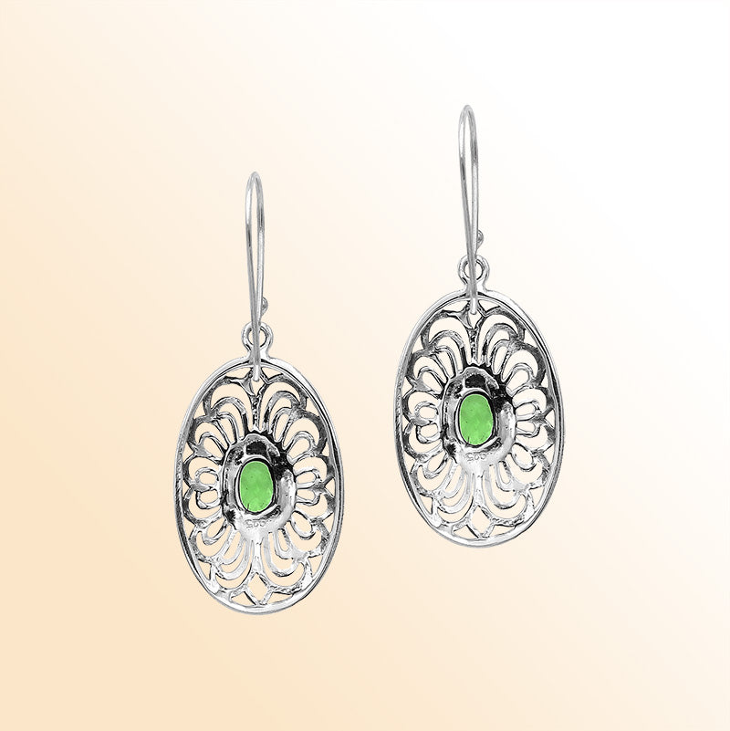 Sterling Silver Ornate Charming Oval Filigree Peridot Quartz Artisan Earrings With Oxidized Finish And Balinese Craftsmanship