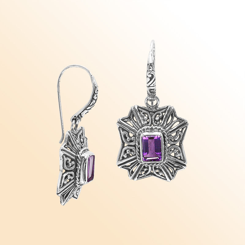 Sterling Silver Ornate Charming Starburst Filigree Amethyst Quartz Artisan Earrings With Oxidized Finish And Balinese Craftsmanship